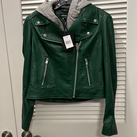 - NWT LAMARQUE Holy Hooded Lambskin Leather Biker Jacket. Bottle Green SZ SMALL - Picture 5 of 16
